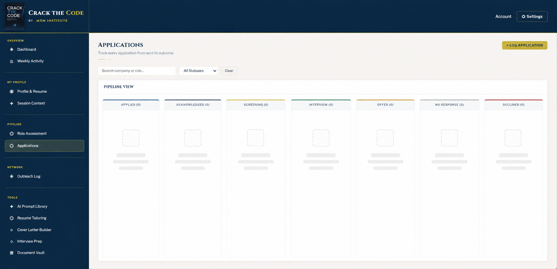 Crack the Code applications pipeline view showing every stage from applied to offer