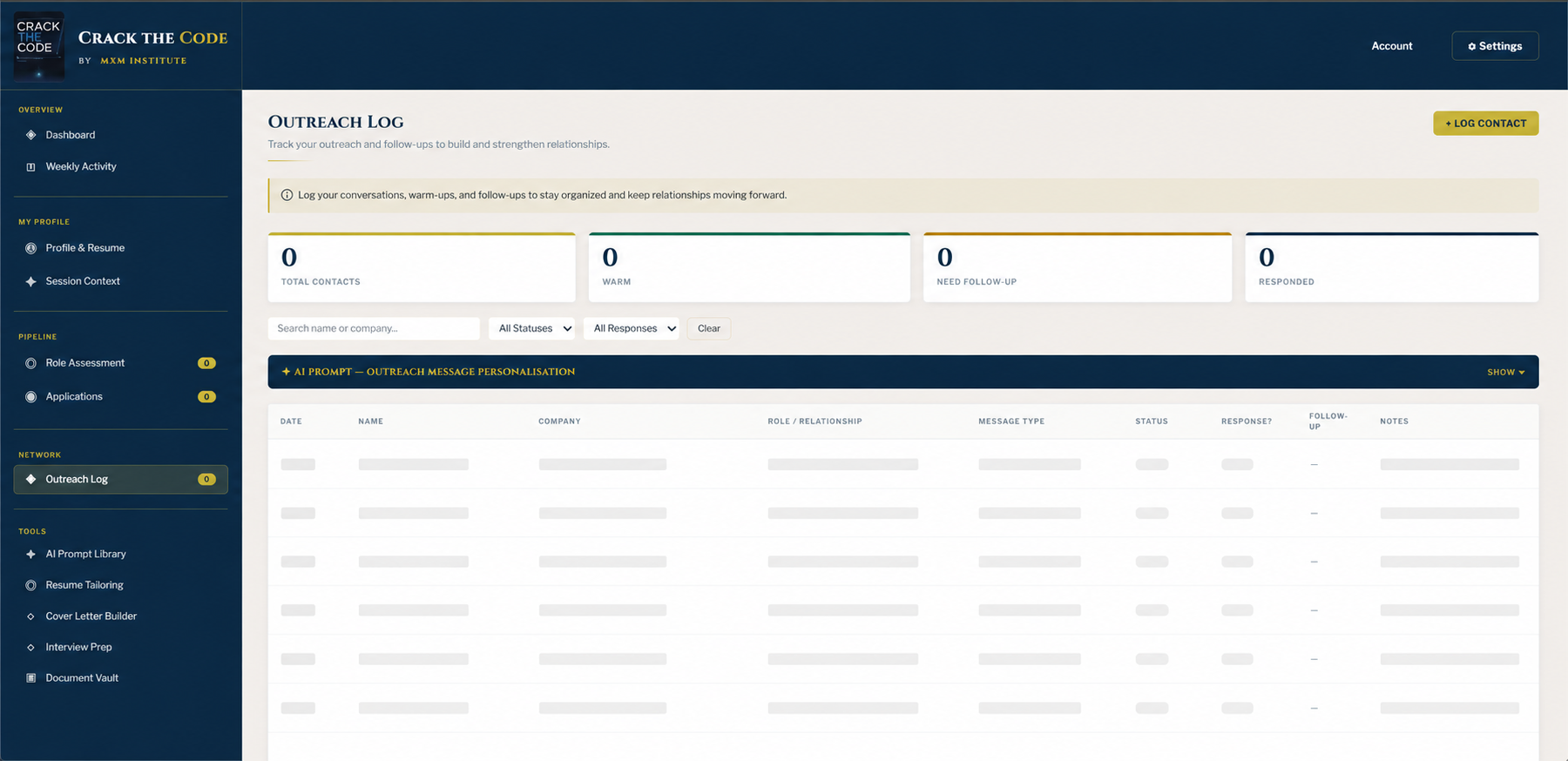 Crack the Code outreach log showing tracked contacts, warm relationships and follow-ups
