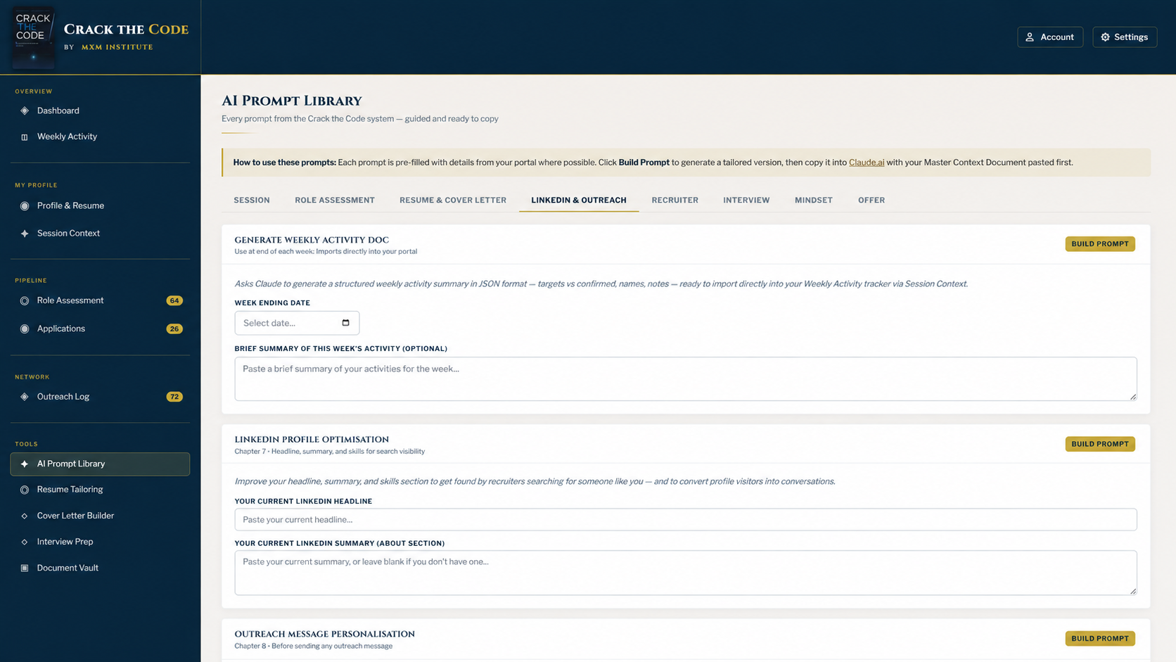 Crack the Code AI Prompt Library showing guided, ready-to-copy prompts organised by stage