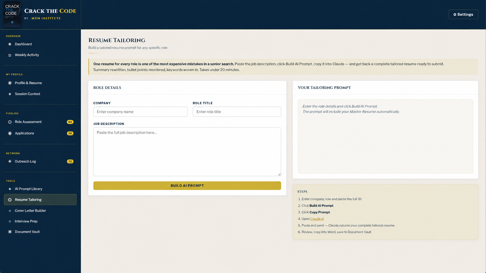 Crack the Code Resume Tailoring tool building an AI prompt for a specific role and job description