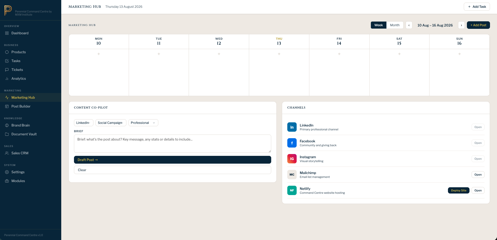 Perennial Marketing Hub weekly content calendar and channel list