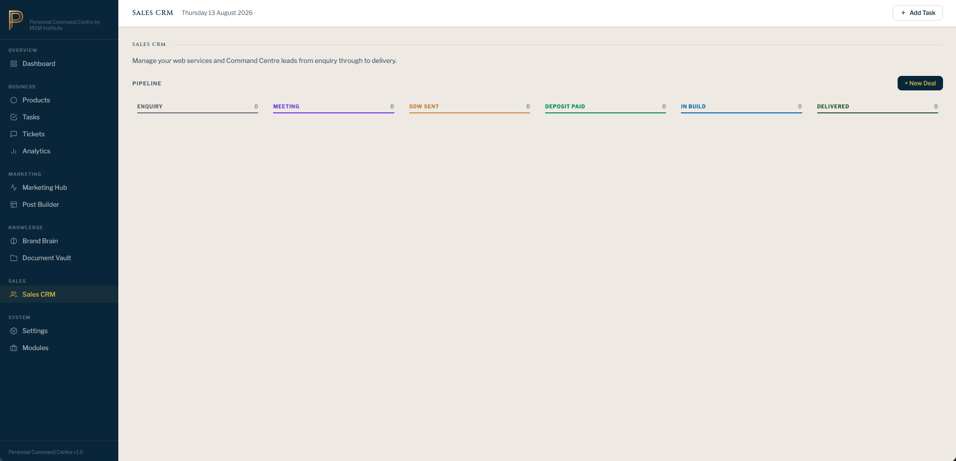 Perennial Sales CRM pipeline view from enquiry to delivered