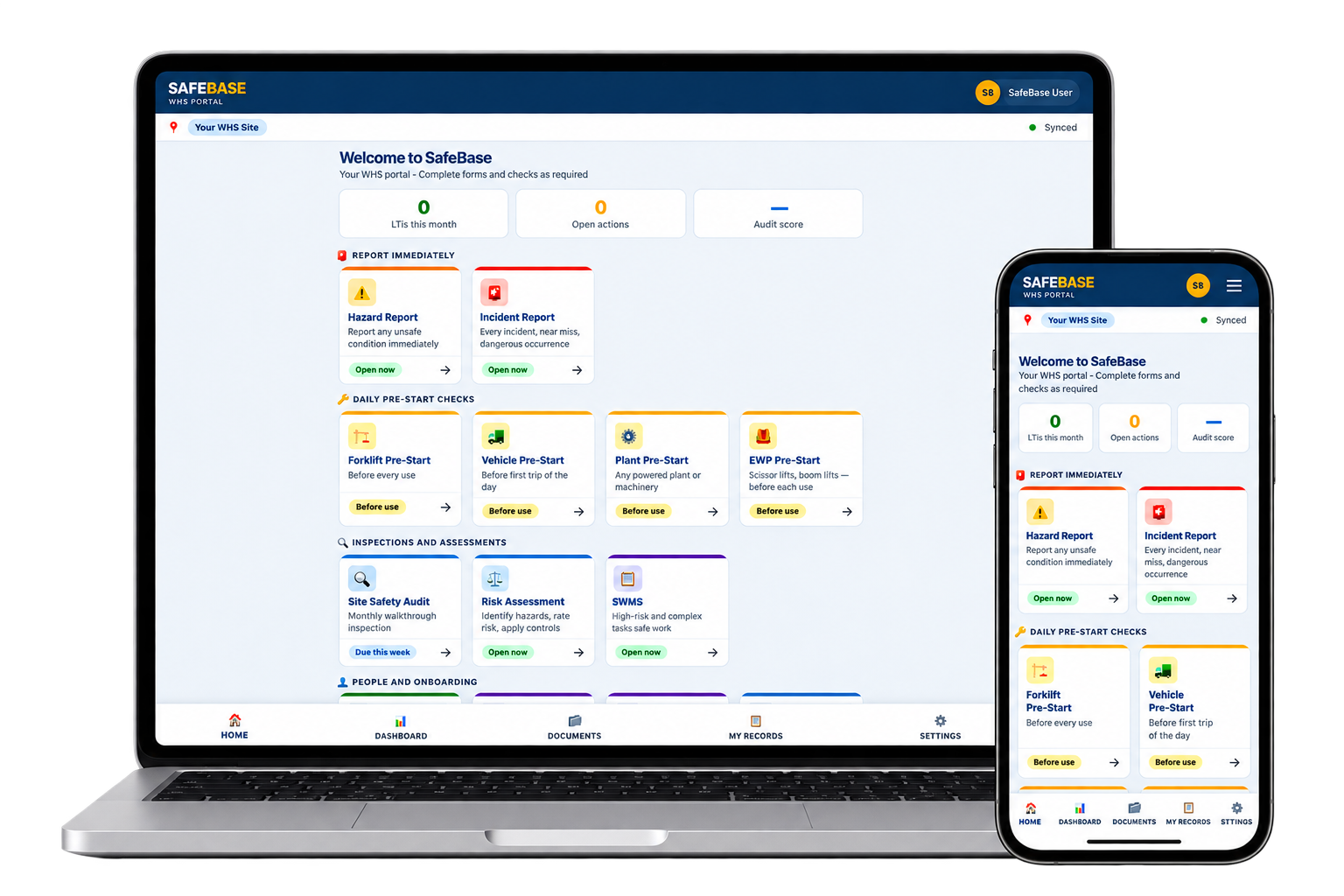SafeBase WHS Portal shown on laptop and mobile