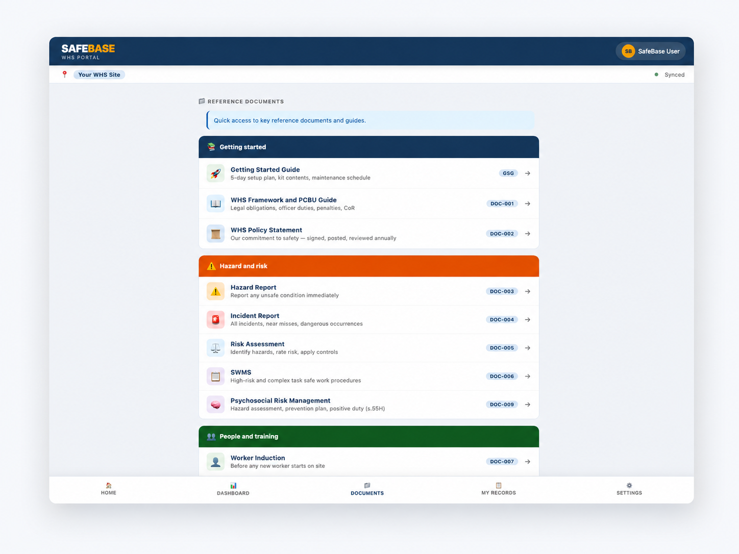 SafeBase reference documents library organised by category with document codes