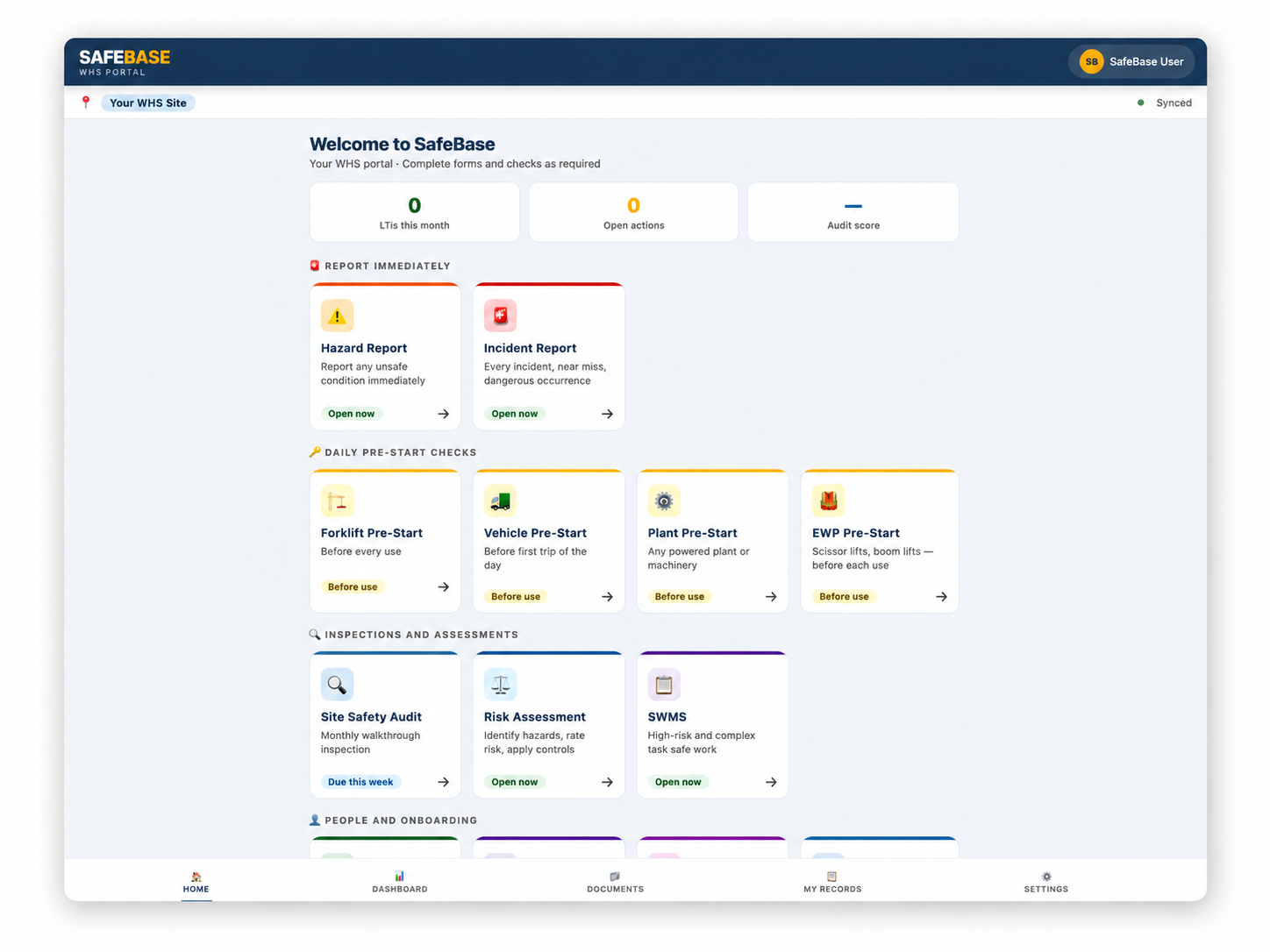 SafeBase digital portal home screen showing hazard and incident reporting, pre-start checks and inspections