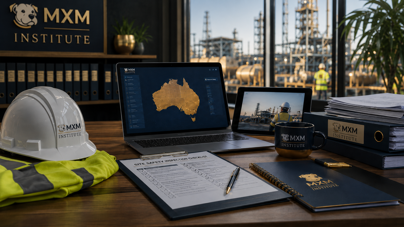 MXM Institute WHS resources — site safety inspection checklist, laptop showing the Command Centre resource library, and PPE on a desk