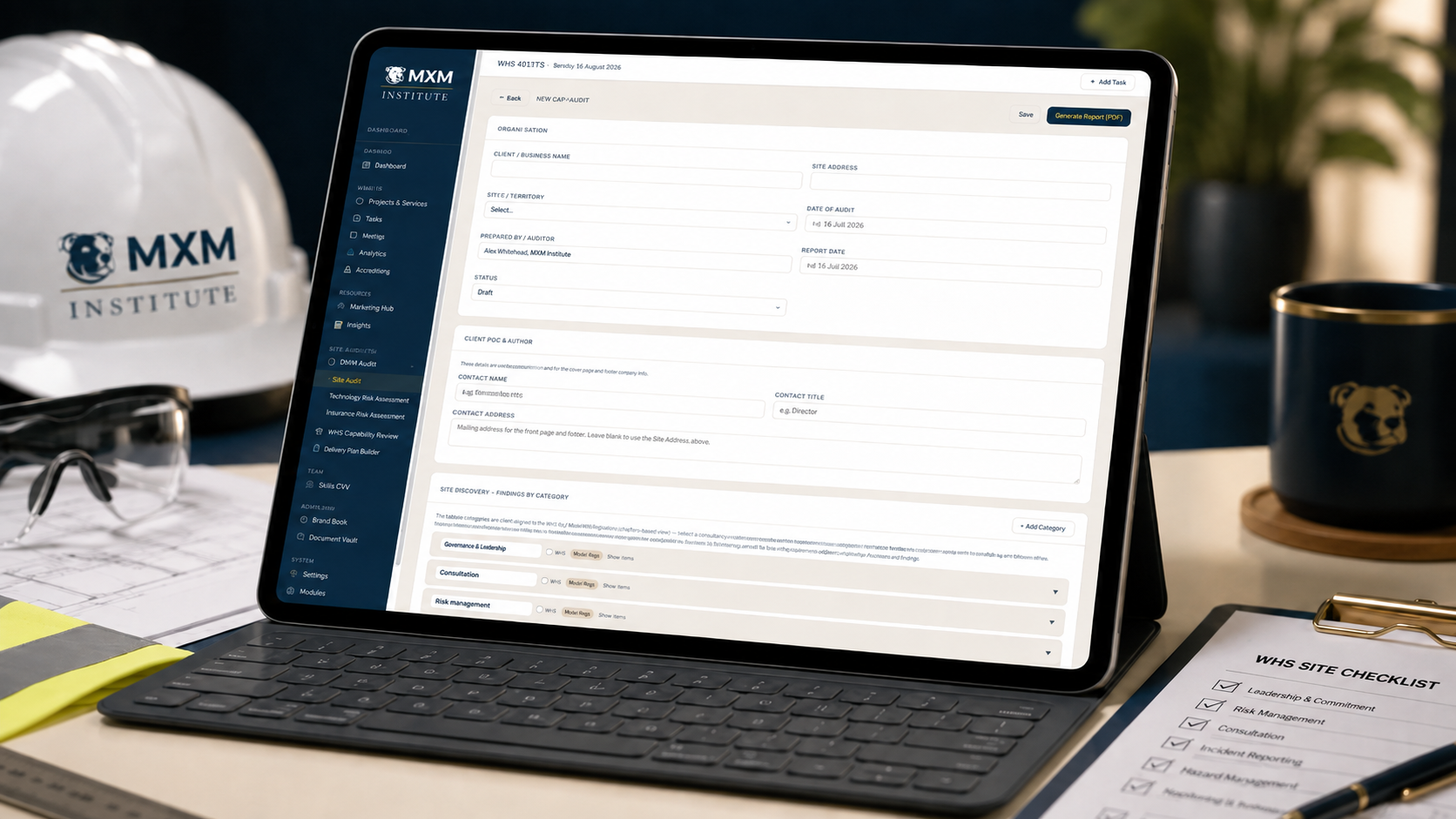 WHS site audit software shown on a tablet at a job site